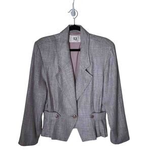 Vtg Women's TJ Thermo Jac Single Breasted Peplum Blazer Gray Tweed Silk Size 12